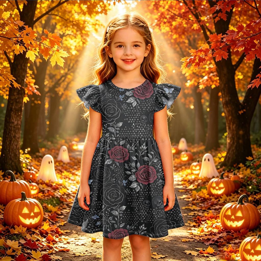 Girls Halloween Print Dress Casual Sleeve Party Dress for Children Holiday Outfit