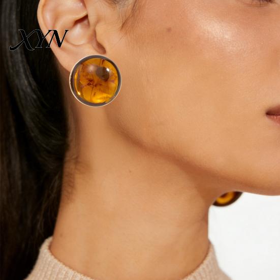 Natural Amber Color Earrings 1 Pair Stud for Women, Large Round Resin with Autumn Winter Matte Metal Edges, Exaggerated Geometric Daily Wear