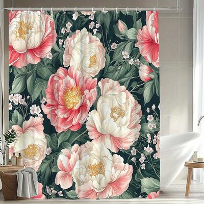 1pc Floral Shower Curtain, Elegant Peony Chinese Pattern Bath Partition Hanging Fabric for Bathroom Decor, Polyester Material