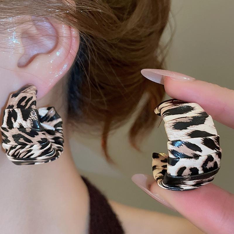 Orecchini a bottone geometrici rotondi con stampa leopardata in resina e pelle con ago d'argento moda autunno e inverno orecchini di nicchia di alta gamma da donna