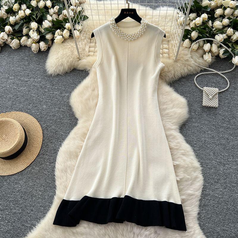 Summer Clothing Graceful Ladies Beads round Neck Sleeveless Slimming Knitted dress Women Fashionable Color Matching French style Sweater Dress
