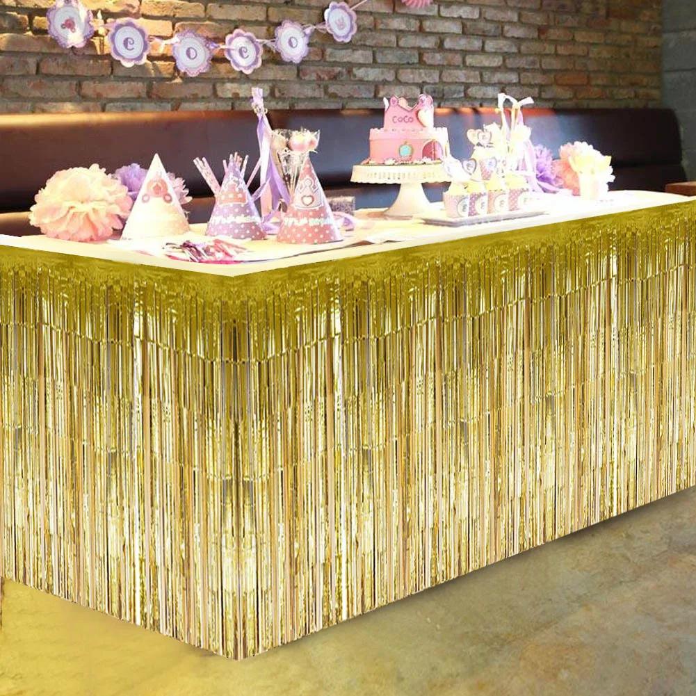 Decorative Tassel Table Skirt For Golden Rectangular Round Table Birthday Wedding Party Table Skirts Festival Supplies