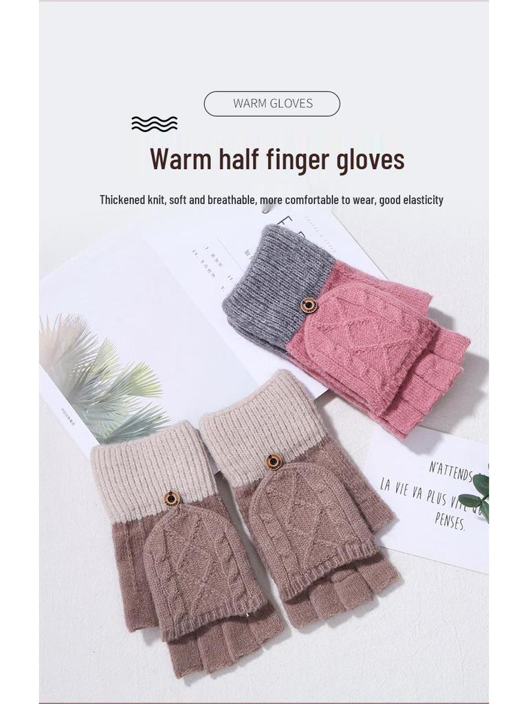2024 Autumn New Cashmere Half-Finger Flip-Top Jacquard Knitted Gloves for Students and Couples