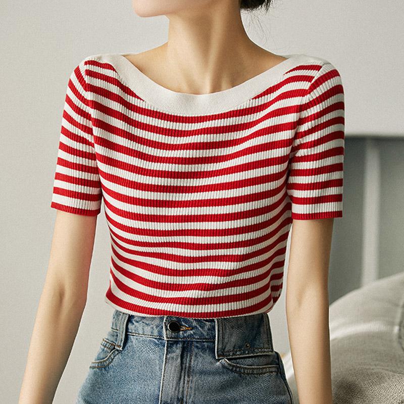 

Women Sweaters Pullovers 2025 Summer Short Sleeve Slash Neck Black Striped Knitted Sweater Women Tops Pullover JJ317 One Size червоний