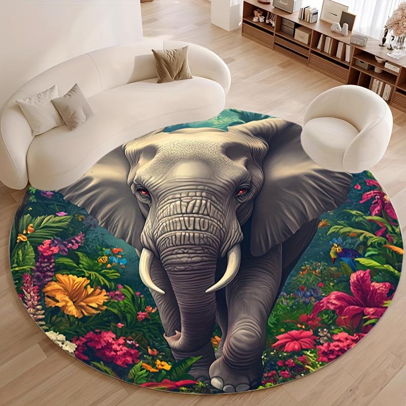 Elephant in Jungle Round Flannel Rug Printed Animal Art Floor Mat for Living Room Bedroom Kids Play Area Soft Non Slip Home