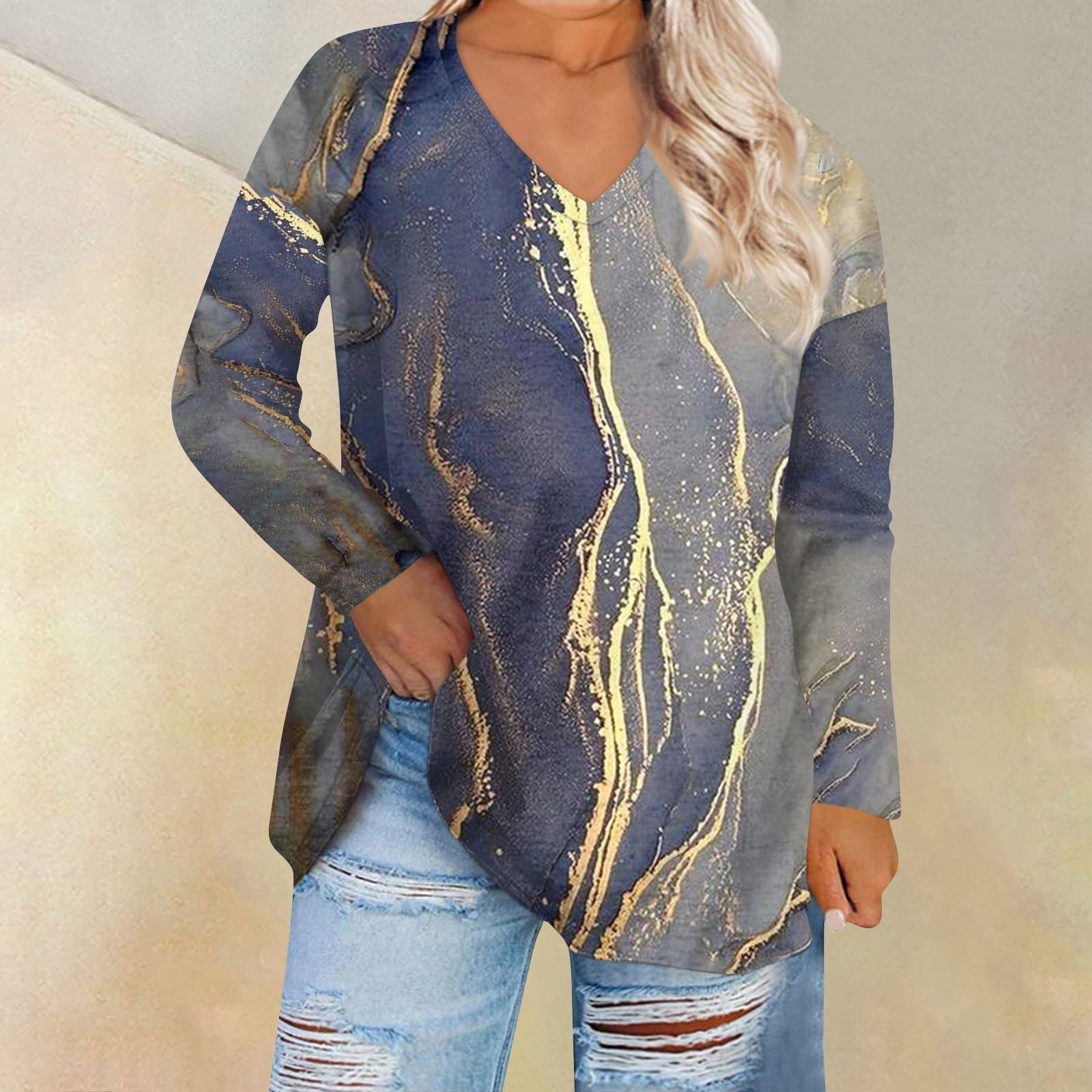 

Женская свободная посадка с круглым вырезом, удобная и модная повседневная футболка с длинными рукавами с принтом XXXL тёмно-синий