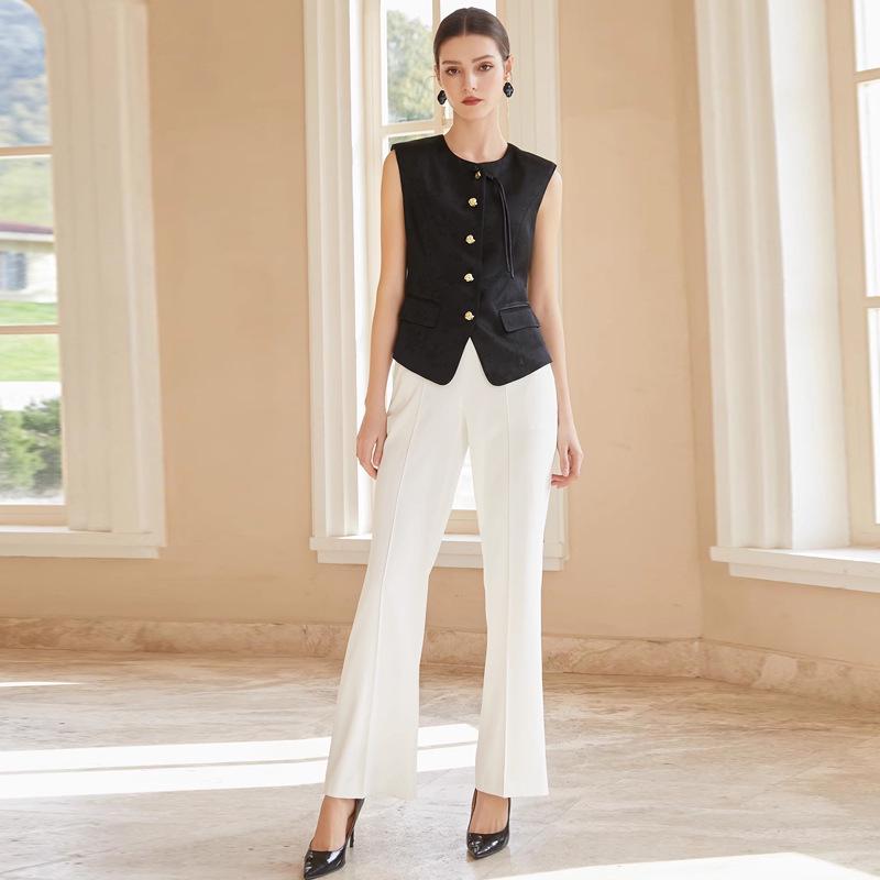 

Stylish Jacquard Vest & Wide-Leg Pants Suit for Women - Elegant Formal Wear L