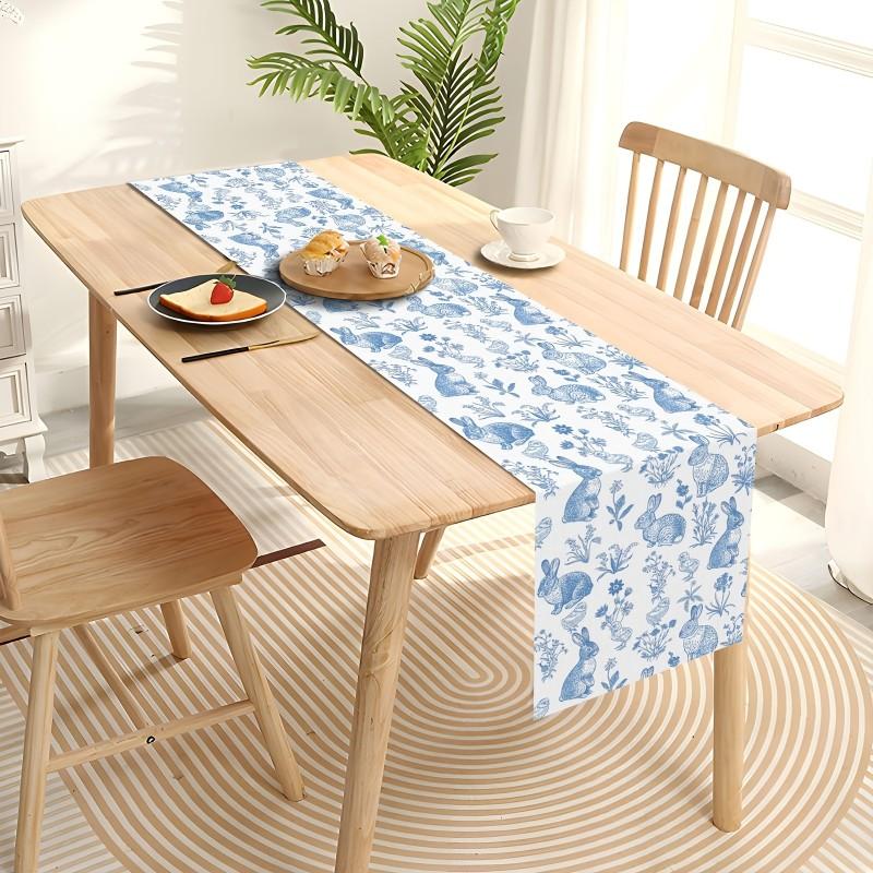 1PCS Chinoiserie Blue Flower Linen Table Runner Reusable Dresser Scarf Kitchen Dining Table Decor Holiday Party Decor