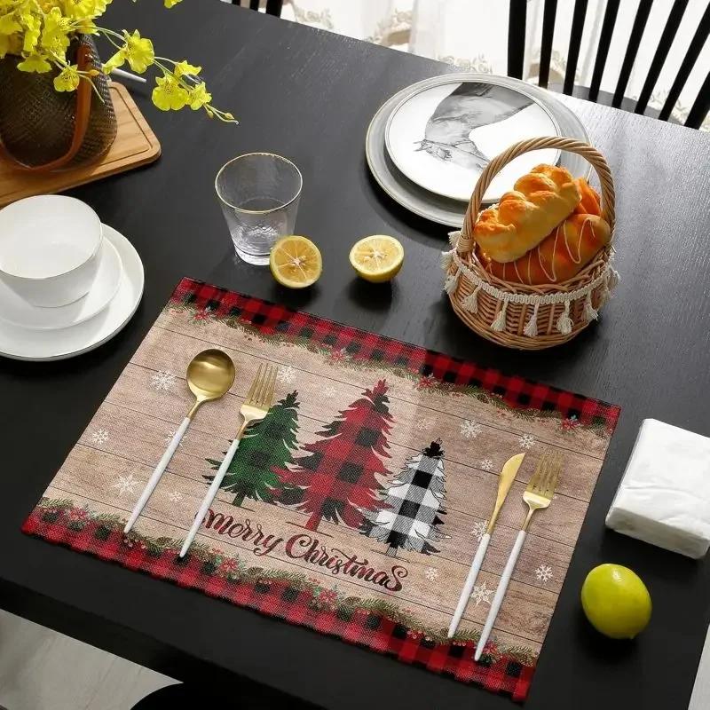 1PC Merry Christmas Placemats Linen Table Mats Washable Buffalo Plaid Farm Xmas Tree Placemat for Party Kitchen Table Decor