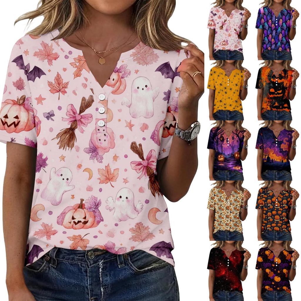 Women's Casual Halloween Print V Neck Short Sleeve Button Decor T Shirt Top Lightweight Comfortable Fit for Everyday Wear