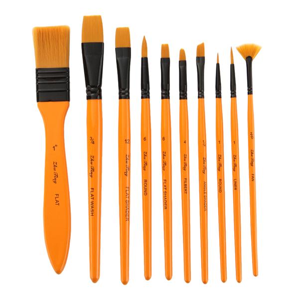 10 Pcs Painting Brushes Nylon Canvas Bag Wood Handle Professional Brush