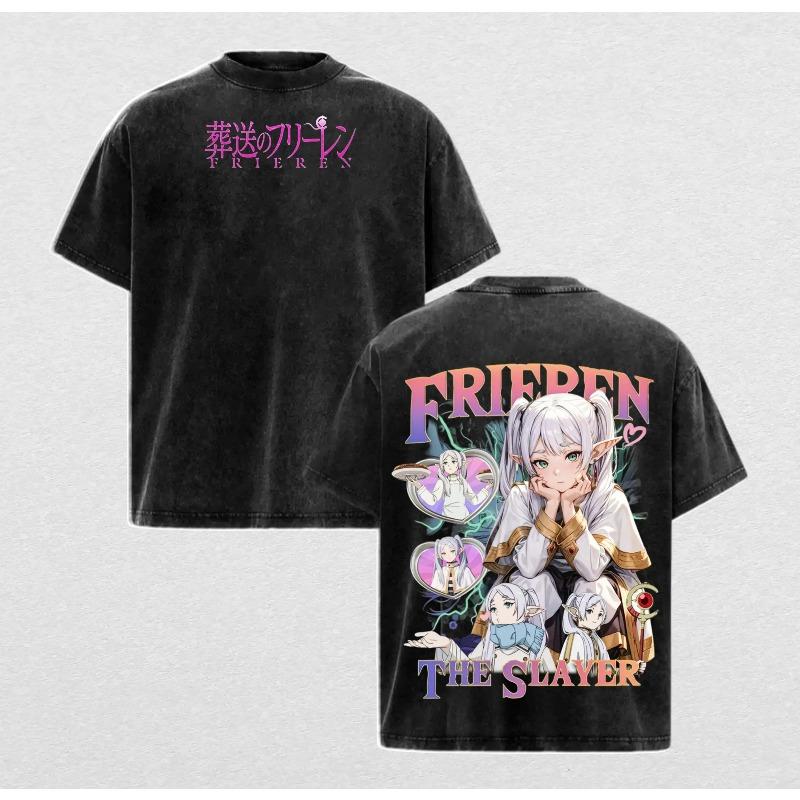Harajuku Anime Frieren T-shirt Gothic Y2k Washed Oversized T Shirt Men Women Clothing Summer Short Sleeve Cotton Tees Tops