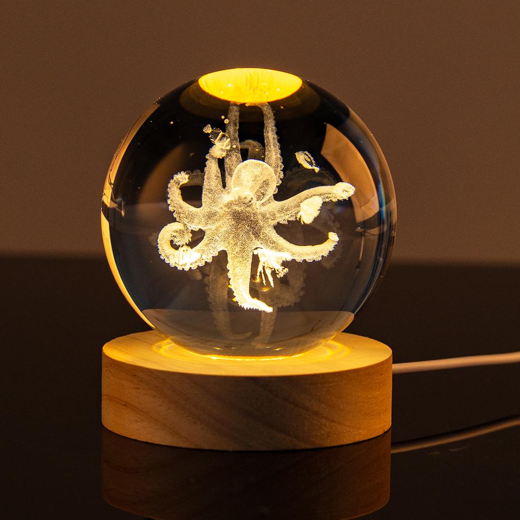 Popular Marine Ocean Animal 3D Laser Engraved Crystal Glass Ball Home Decoration LED Polished Carved 60 80mm Dolphin Whale Shark