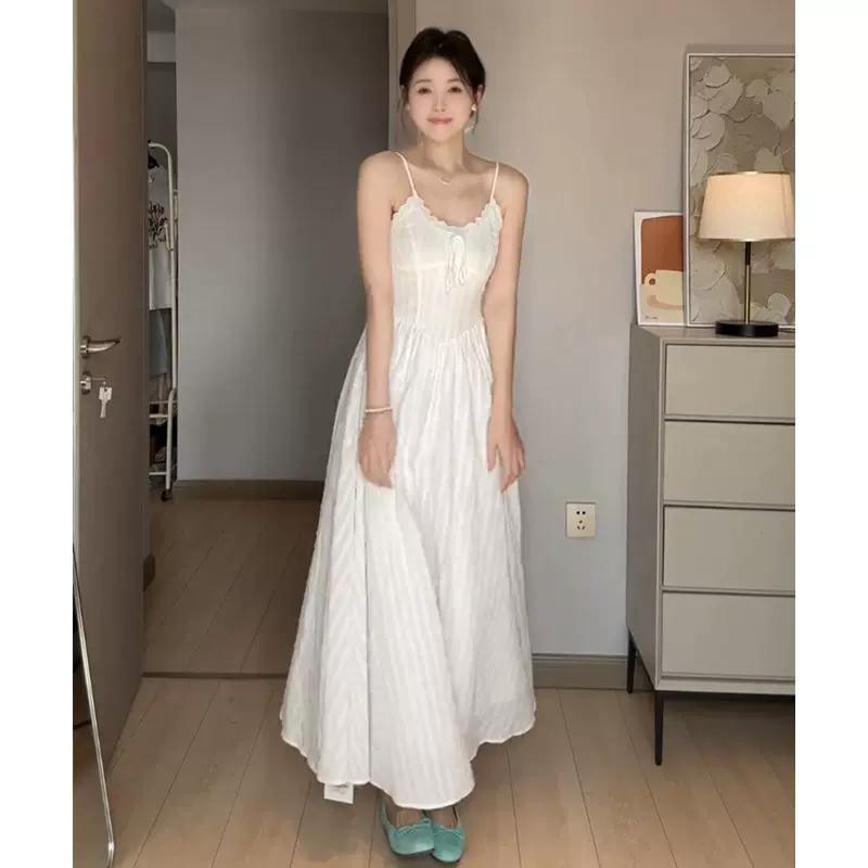 

Plus size women clothing Summer New Chubby Girl French style Temperament Gentle Wind Lace Stitching V-neck White Sling Dress L белый