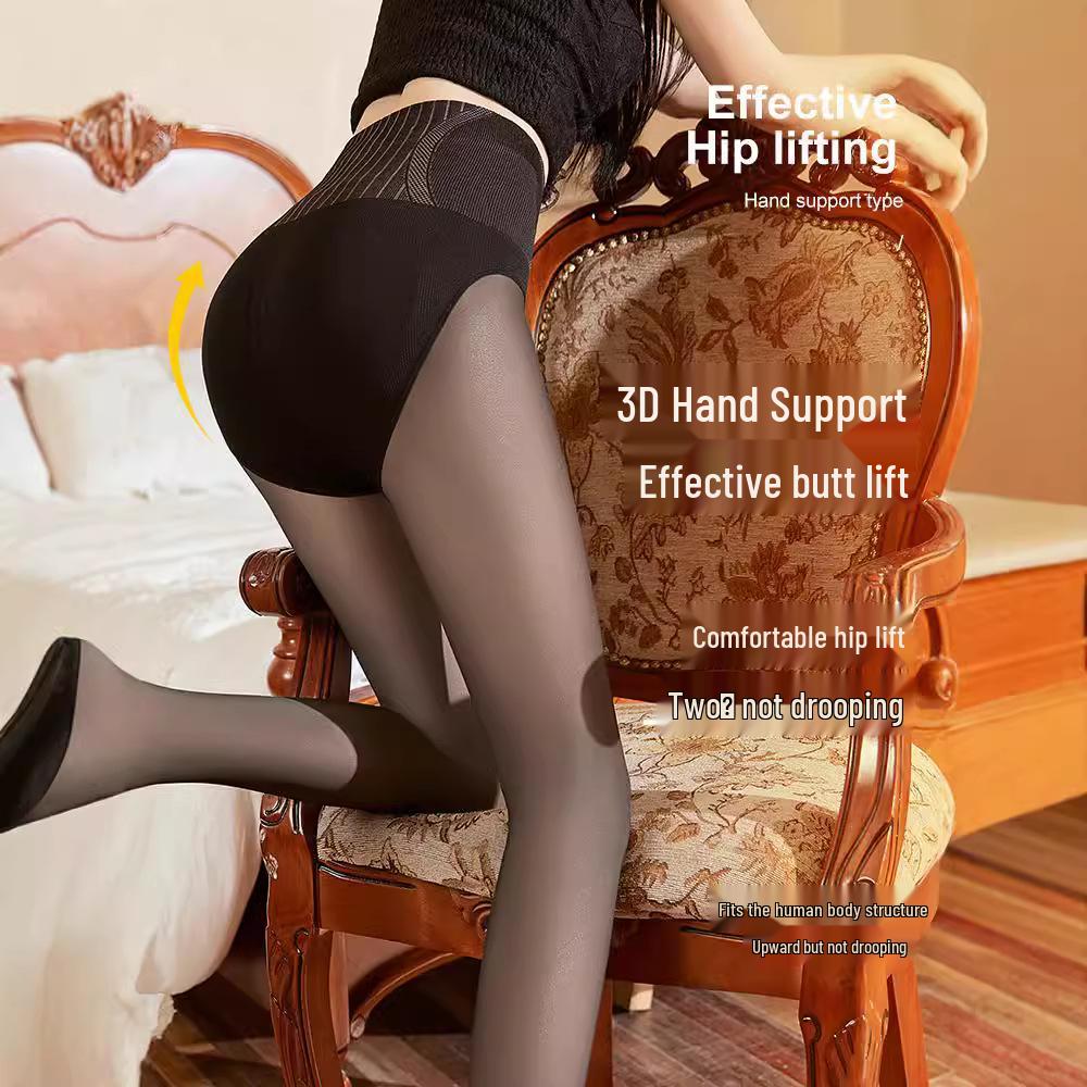 Meia-calça Preta Transparente com Forro de Fleece de Cintura Alta para Mulheres - Look Perna de Fora Outono/Inverno