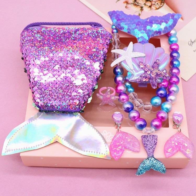 Mädchen Kleine Meerjungfrau Party Zubehör Halskette Ring Ohrring Armband Kinder Spielzeug Kinder Geburtstag Geschenk Magie Pailletten Geldbörse Stirnband