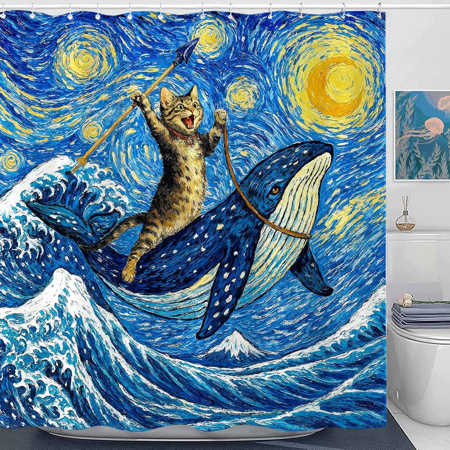 Whimsical Cat Shower Curtain Set Starry Art Style Ocean Whale Rider Waterproof Bathroom Shower Curtain Funny Marine Life 90x180cm