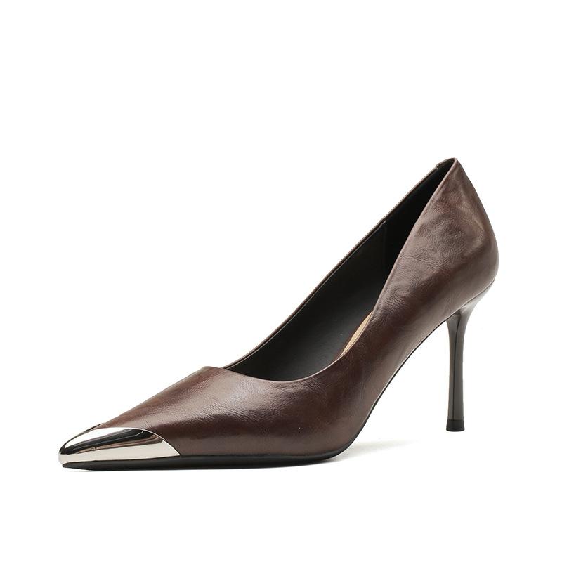 8862 [sheepskin] Pointed High Heels Women's Autumn 2025 New Retro Metal Head Shallow Mouth Stiletto Single Shoes