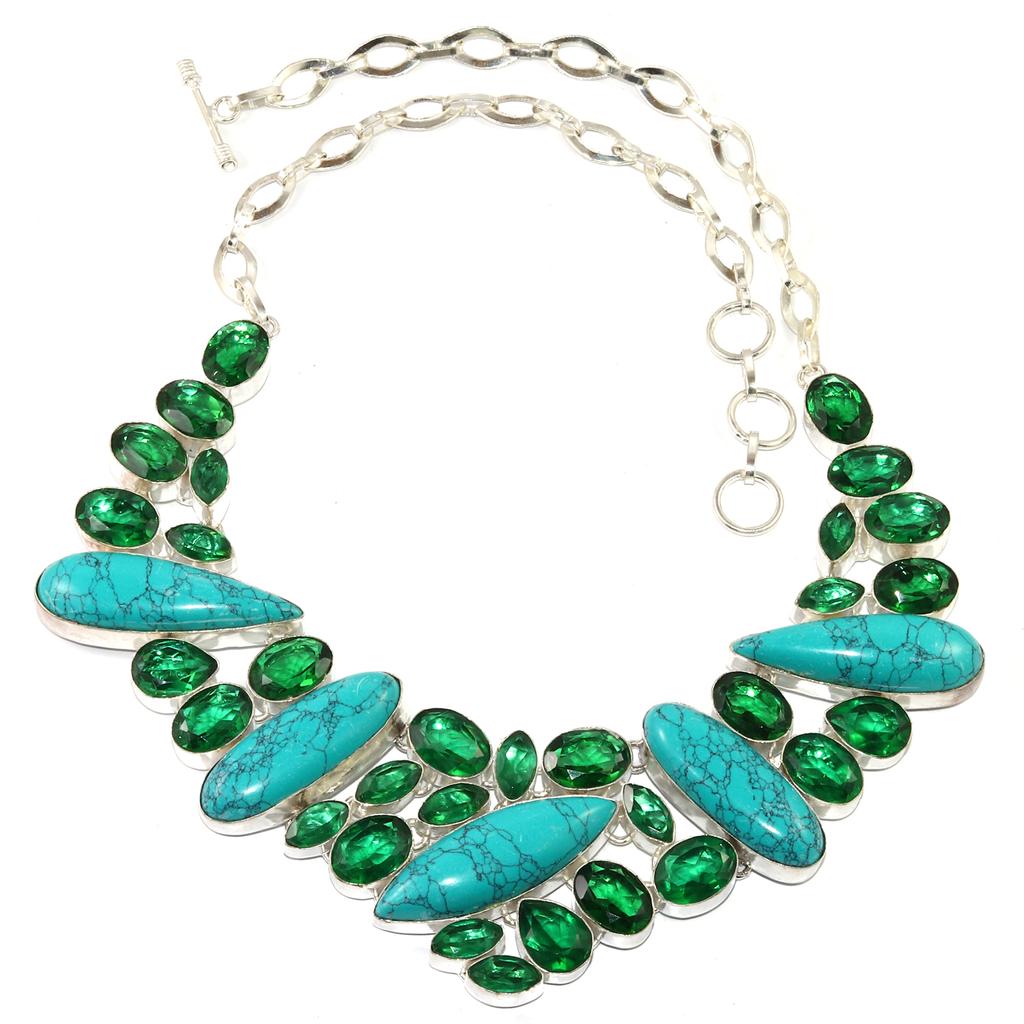 Tibetan Turquoise Emerald Gemstone Silver Jewelry Necklace 16-18''