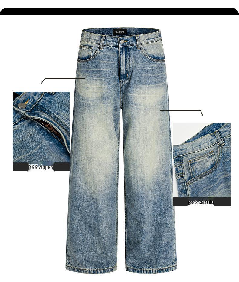Yongfang Unisex Retro Blue Jeans: Casual Washed, Whiskered, Trendy Straight-Leg, Loose-Fit Pants