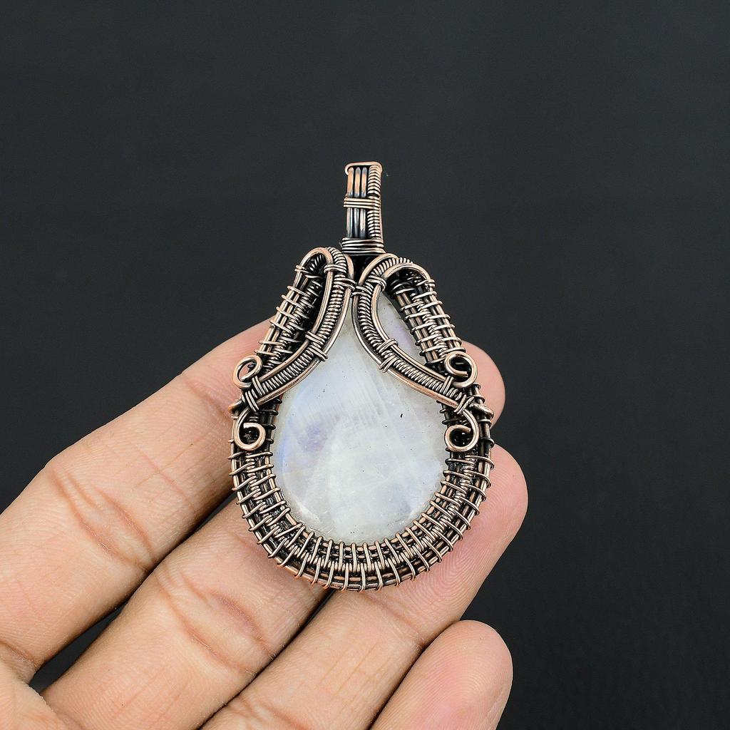 Moonstone 999 Copper Wire Wrapped Silver Pendant, Handmade Gemstone Pendant, Gift For Mom Antique Jewelry