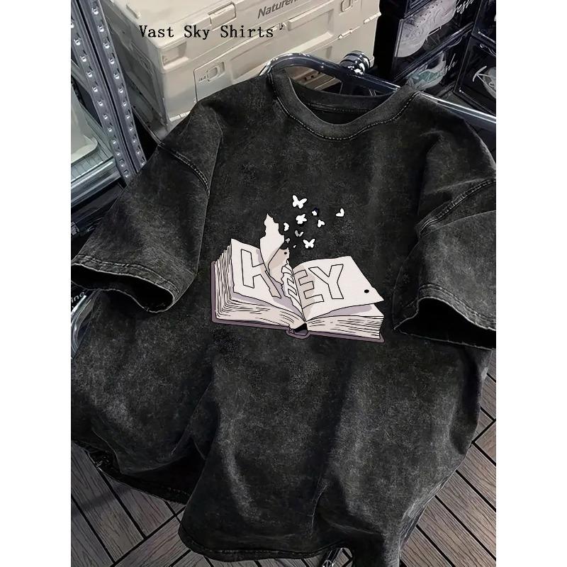 

Men S Washed T - Shirt, Gothic Retro Distressed Style, Graphic Printed Crew Neck Short Sleeve, Open Book, Soft Comfortable Daily Casual Tee 5XL чорний