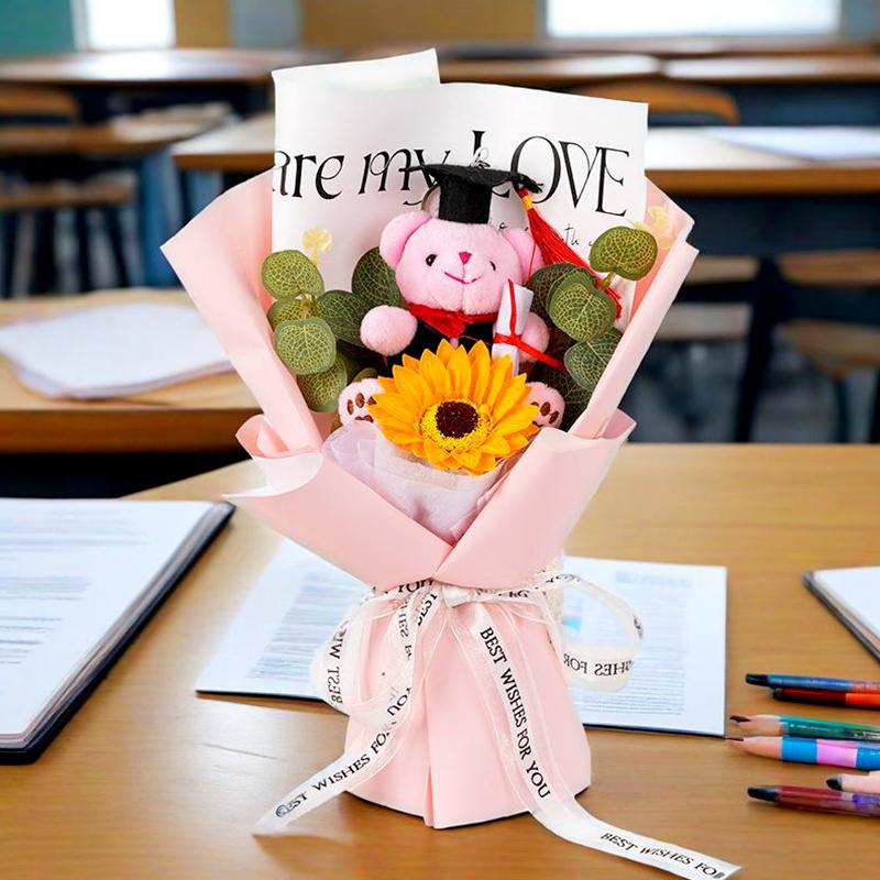 1PC Flower Bouquet Sunflower Party Decor Simulation Flower Hand-Knitted Soap Flower Doctor Bear Graduation Gift Photography Props