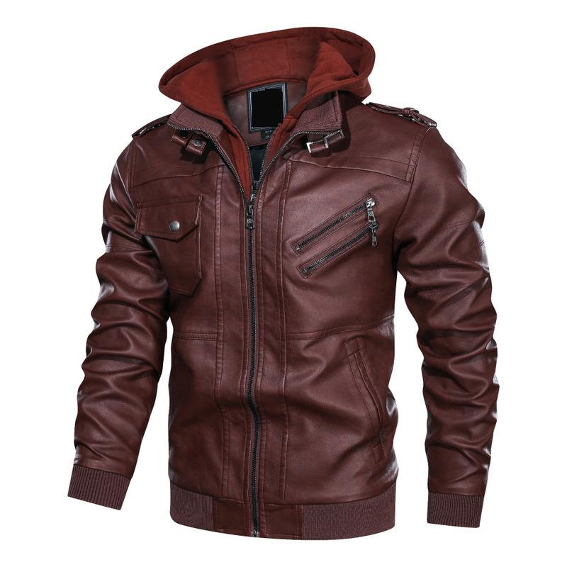 Popular Hooded Leather Jacket Men's Trendy Casual Motorcycle Jacket Removable Hood Men's Leather Jacket