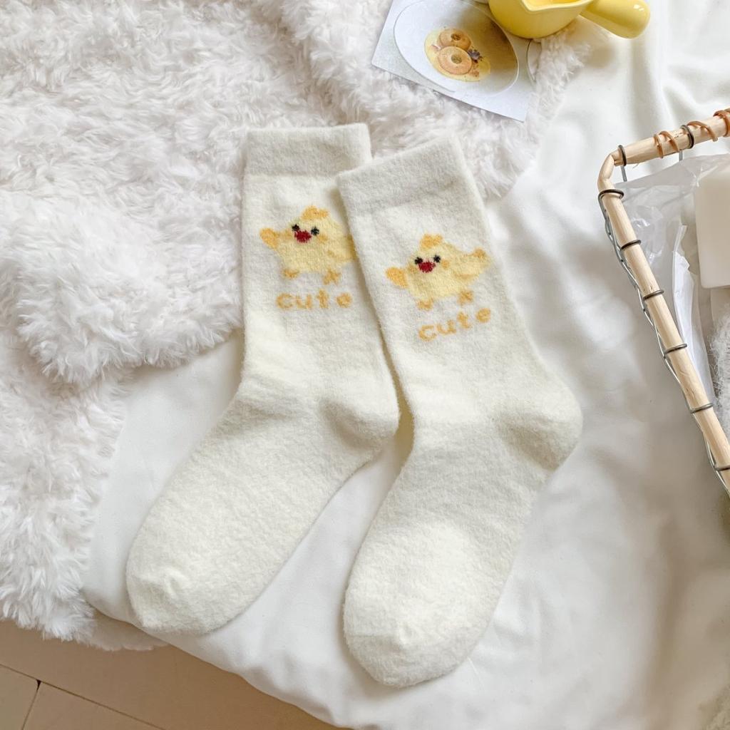 Autumn and Winter Thicken Warm Women Socks Cute Cartoon Chick Fleece Medium Tube Socks Japanese Kawaii Thermal Home Floor Socks