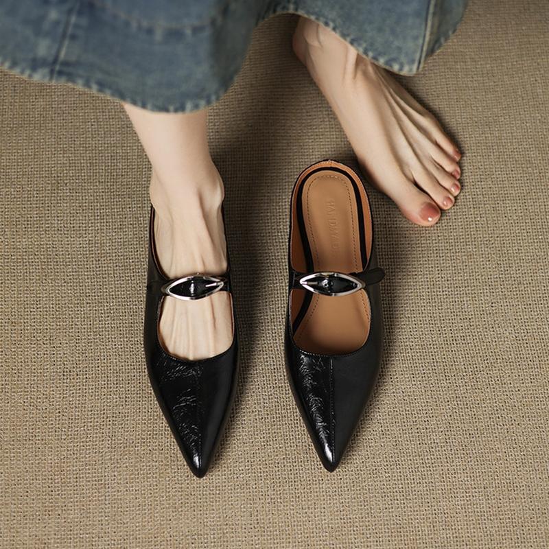 Fashion NEW Summer Women Mules Split Leather Shoes for Women Pointed Toe Low Heel Shoe Cover Toe Slingback Sandals Metal Buckle Slippers