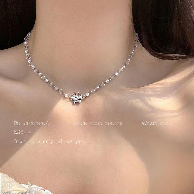Korean Style Pearl & Butterfly Clavicle Choker Necklace for Women