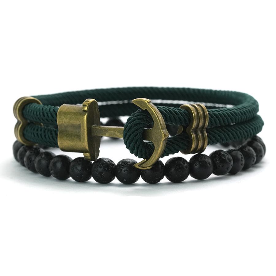 Retro 2Pcs/Set Men Anchor Bracelet 6mm Natural Lava Stone Beaded Braslet 6 Colors Grade A 4mm Ethnic Fabric Braclet Pulseria