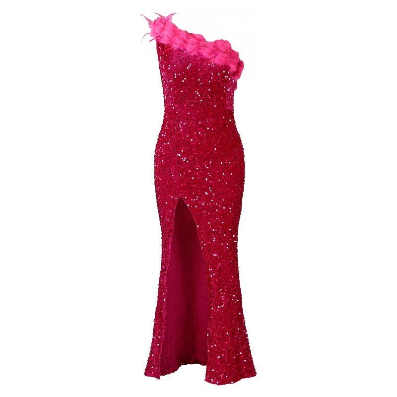 New Fashion Temperament Slant Neck Banquet High Waist Split Dress Dress Sequin Dress
