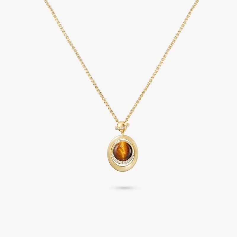 Layered Tigers Eye Pendant Necklace Women Gold Plated O-Link Chain Geometric Drop Design Lightweight Chic Jewelry Tiger s Eye Pendant Style