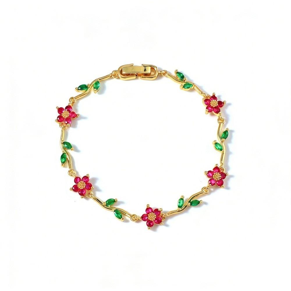 Tide Multiple Color Flower Rhinestone Branch Leaf Bracelet Dopamine Niche Sense Copper Women's Bangle Gifts