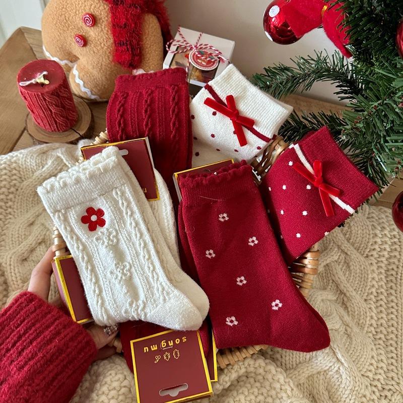 Velvet Bow New Year'S Socks, Exquisite Rabbit Plush Mixed Warm Big Red Socks