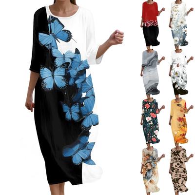 Women's Fashionable Printed Round Neck Seven Quarter Sleeve Loose Dress