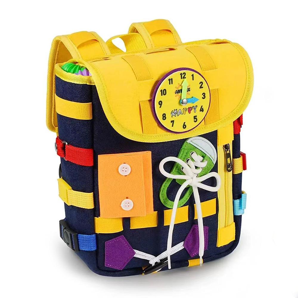 

YT-66 Toddlers Busy Board Felt Backpack Montessori Toy for Basic Life Skills Learning Navy Blue