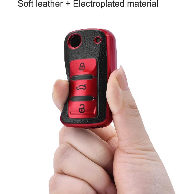 ELOHEI for VW Key Fob Cover, Premium Soft TPU 361 Degree Full Protection for VW Volkswagen Jetta Beetle Tiguan Passat Golf MK6 Polo 3 Buttons(Leather
