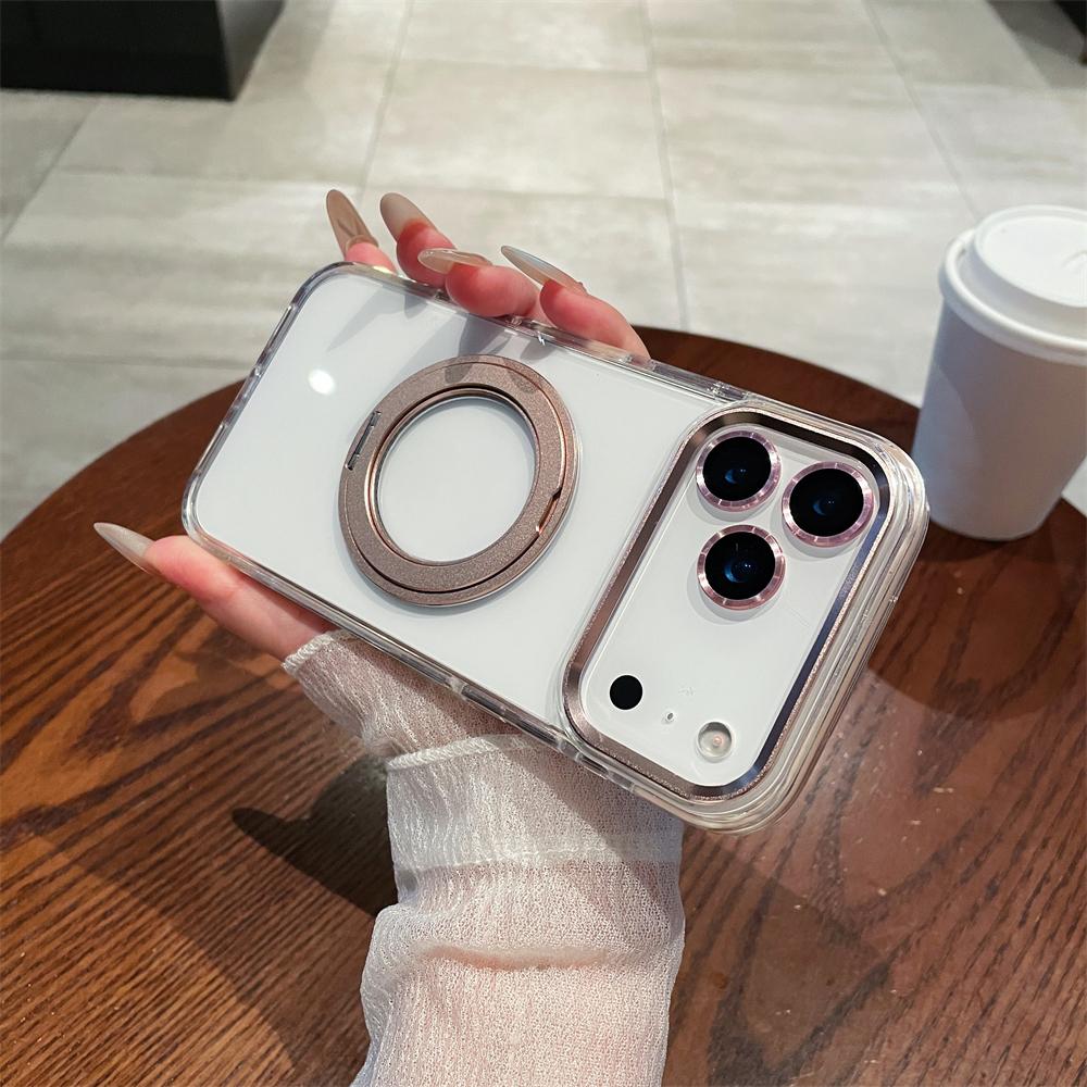 For iPhone 17 Air 16 Pro Max Transparent For Magsafe Magnetic Rotating Holder Stand Case For iPhone 12 13 14 15 Plus Frame Cover