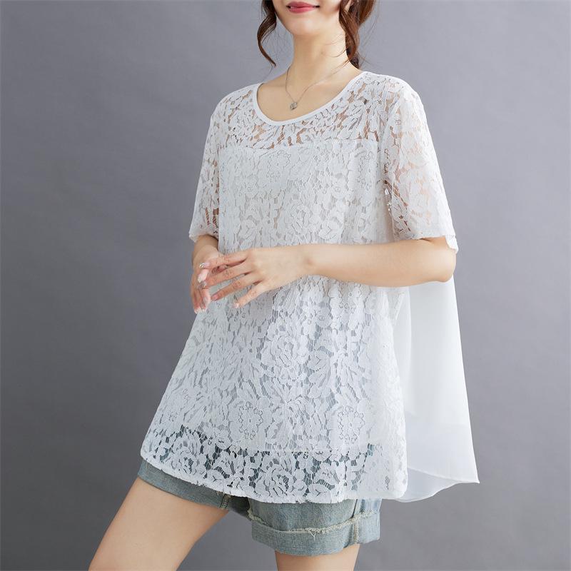 

Plus Size Women s Artistic Lace Shirt - Cool Irregular Round Neck Top for Summer 2026 2XL білий
