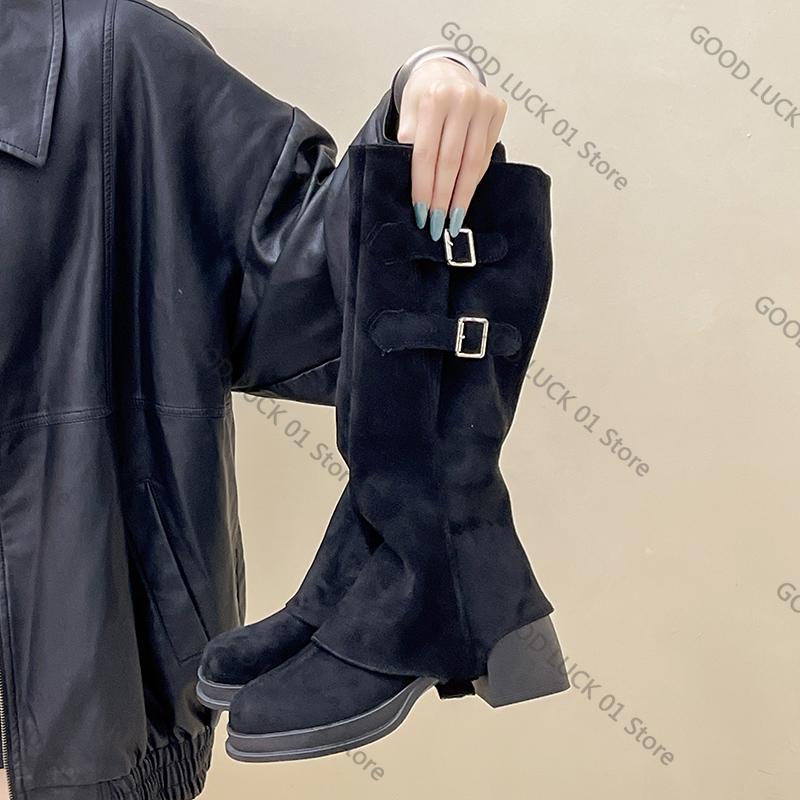 

Fashion 2025 Vintage Women Trouser Legs Boots Removable Belt Buckle Autumn Winter Shoes Thick Heel Ladies Elegant Long Booties 35 чёрный