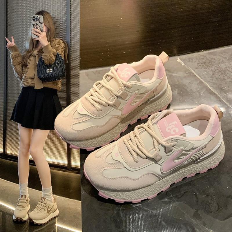 Heightened Thick-soled Pink Lightweight Leather Dad Shoes Women's Autumn New Breathable Sports and Leisure Shoes