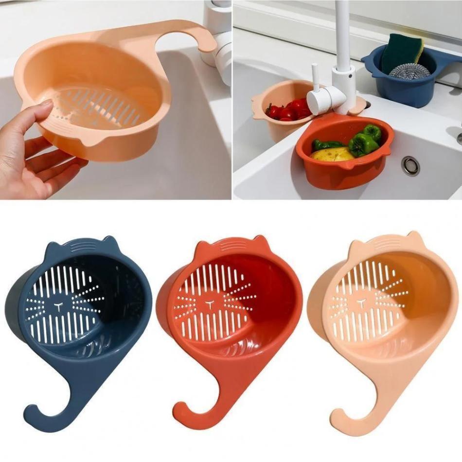 

1 Pcs Household Fruit Vegetable Drainer Basket Filter Shelf Sponge Rack Kitchen Tool Accessories Round Cartoon Cat Sink Strainer абрикосовий