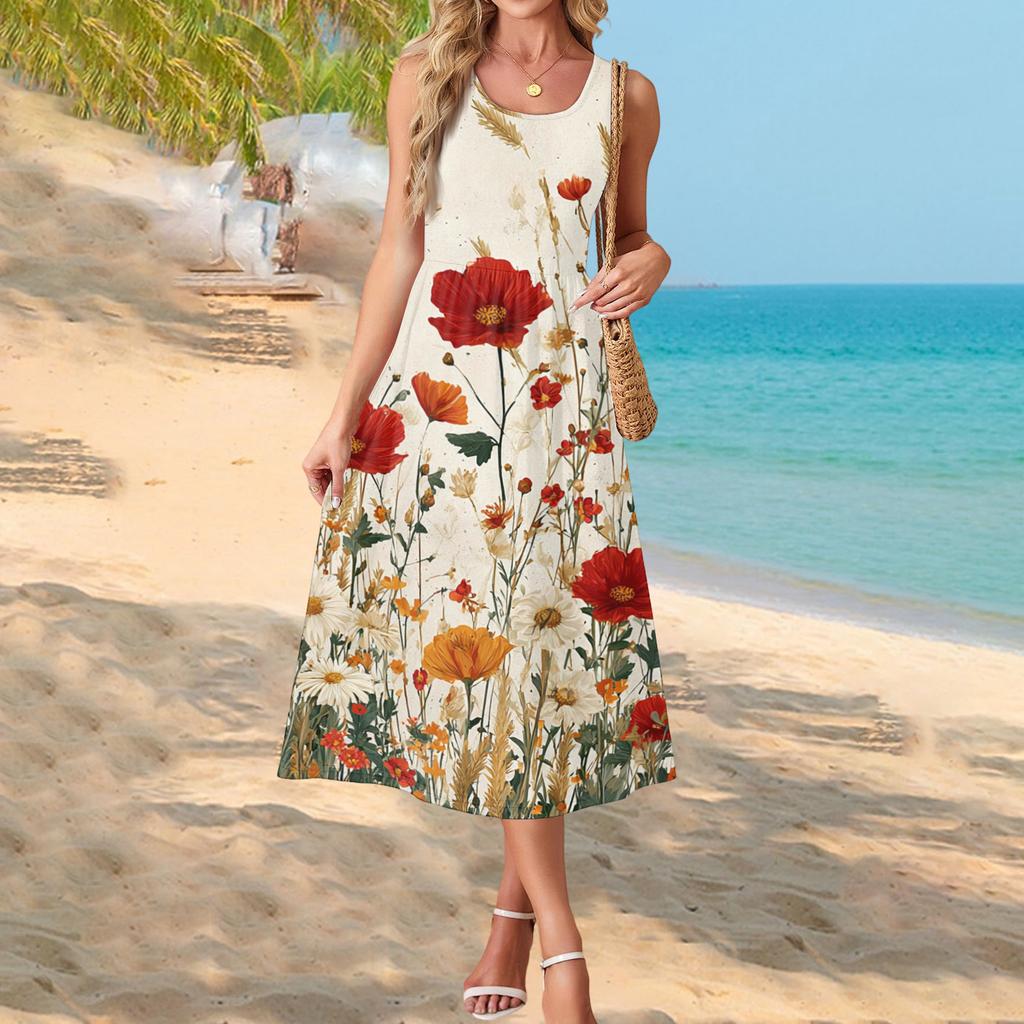 Sleeveless Floral Print Maxi Dress for Women Casual Loose Fit Summer Dresses for Women Uk Ladies Summer Dresses Uk