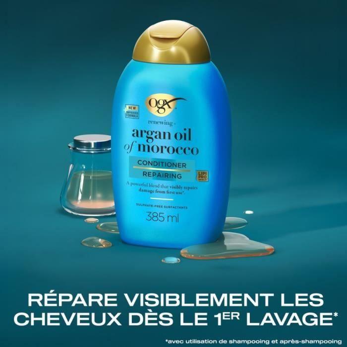 OGX Après-Shampooing Réparateur Huile d'Argan du Maroc, 385ml – Soin capillaire pour cheveux secs et abîmés – Après-shampoing sa