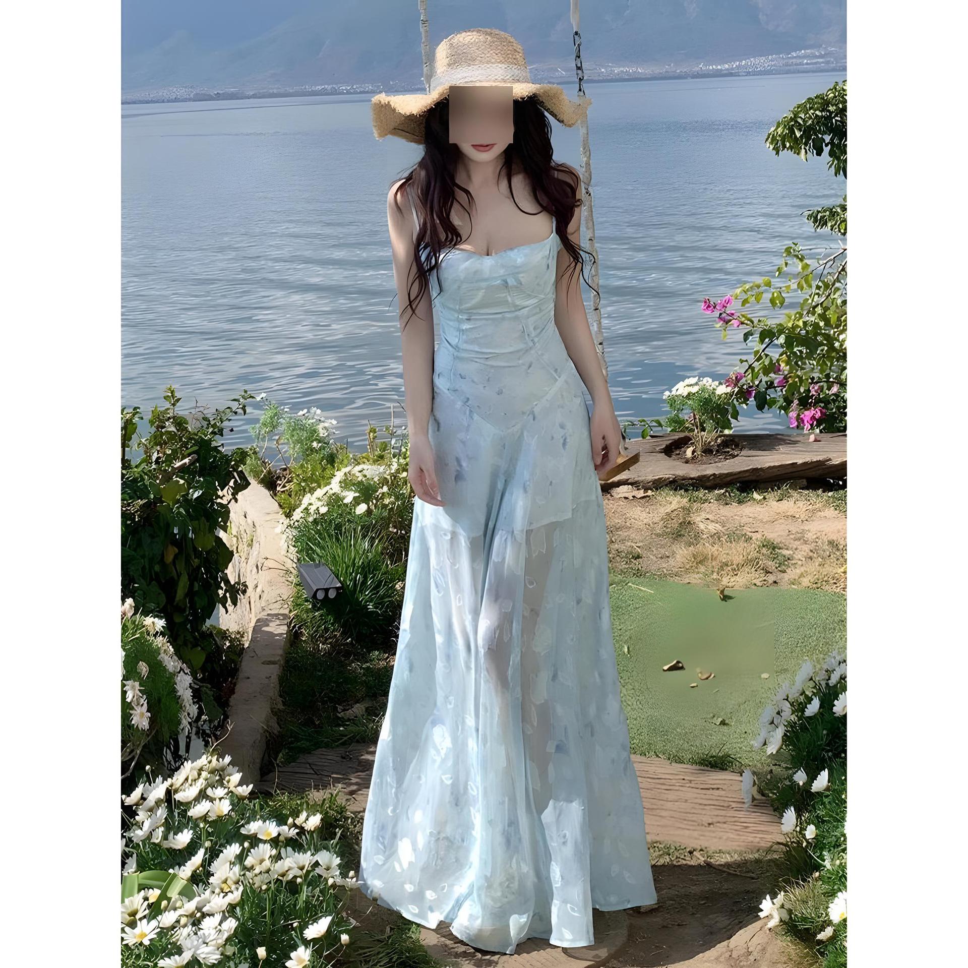 

Xiaofei sleeves gentle wind floral waist slim and thin square neck casual elegant dress S- (can be worn within 45kg) синій