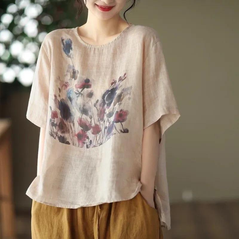 Womens Floral Print Linen Blend Loose Fit Short Sleeve Blouse