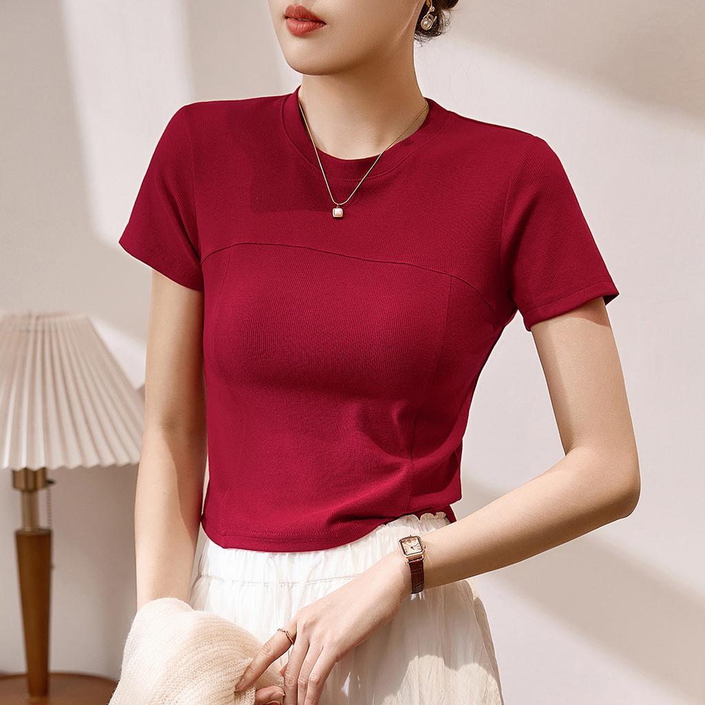 Grade Design and Bright Line Waist-hugging and Slimming Short-sleeved T-shirt for Women's Summer Clothing
