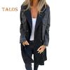 Women Spring Fall Coat Denim Jacket Overcoat Patchwork Double-breasted with Flap Pockets Colorblock Mid Length Lady Overcoat